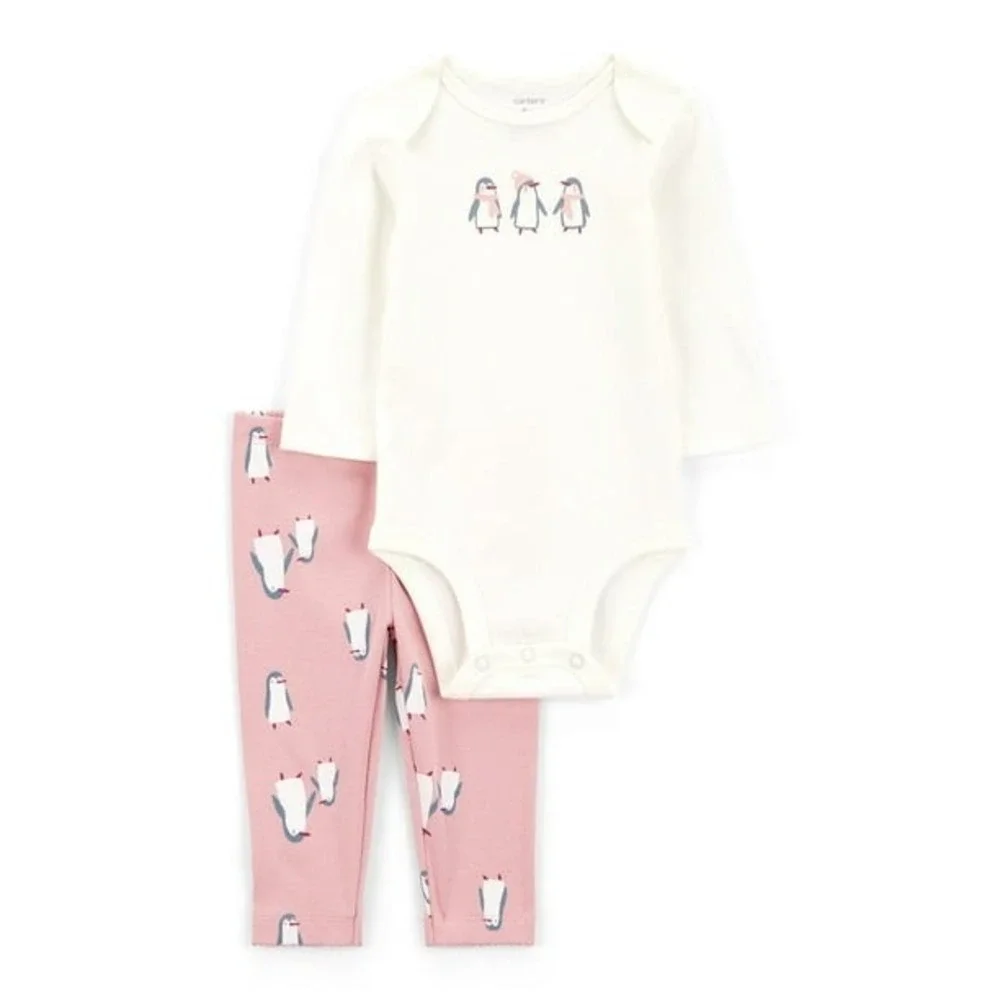 Carter's 3-Piece Bodysuit Pants Set Baby Girl Pink Penguin Waffle Knit NWT